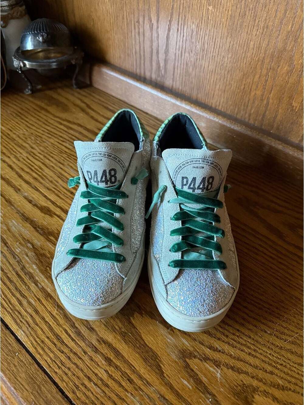 P448 John Glitter Iridescent Low-Top Sneakers with Green Croc-Embossed Heel Tab